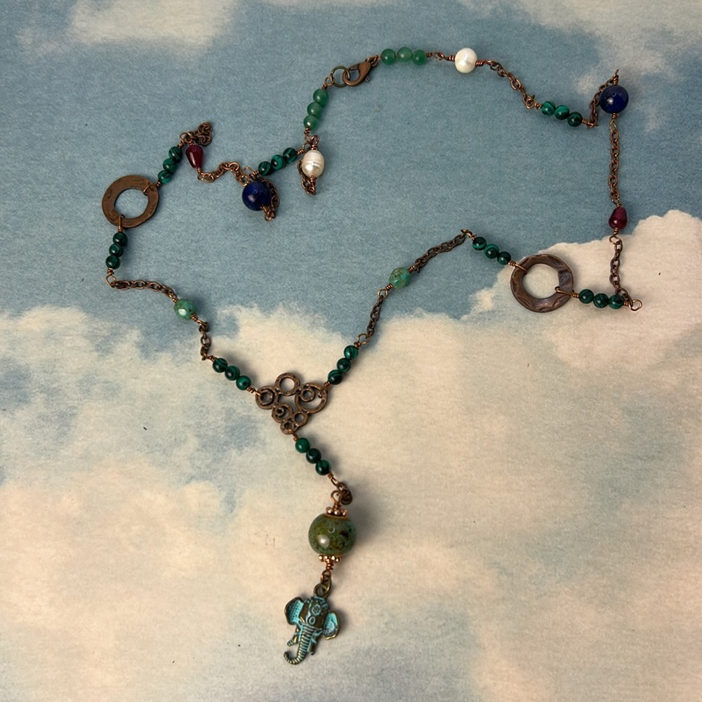 Ganesha Patina Pendant, ceramic, Lapis lazuli, freshwater pearls, malachite